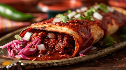 A warm burrito filled with meat and onions, served on a plate