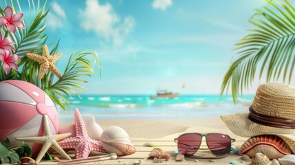 Obraz premium A person enjoying the sun on a beach with a hat, sunglasses and a beach ball