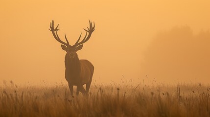 Fototapeta premium Deer in field, tall grass foreground, foggy sky background
