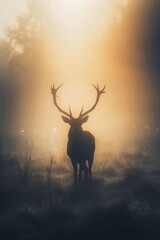  A deer stands in a field, sun illuminating trees behind foggy backdrop