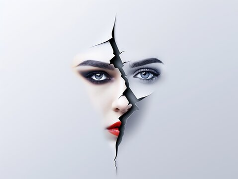 Two contrasting halves of a face split by a jagged line, each half showing different emotions, highlighting the internal conflict within a person. copy space for text, focus cover all aspects, deep