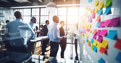 Creative team in a dynamic brainstorming session using a whiteboard and sticky notes in a trendy office loft with natural light.