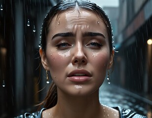 A young woman with wet hair and a face covered in raindrops stands in the rain in a city street. She is looking directly at the camera with a serious expression. The rain is falling heavily around her