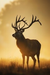 A deer silhouetted against a sunset backdrop, antlers prominent in the foreground