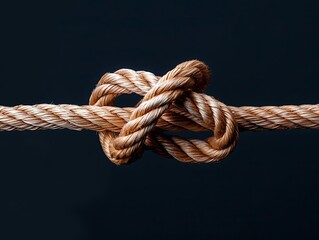 A close-up of a knot in a rope that is fraying, symbolizing tension and conflict leading to a potential break, detailed and sharp with contrasting colors. copy space for text, focus cover all