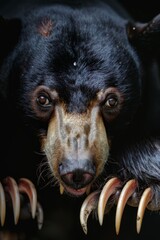  A tight shot of a black bear's face Behind it, an incorrect depiction of horns emerging from its hump