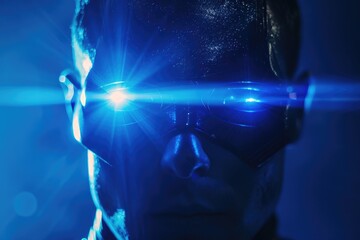Fototapeta premium A person wearing sunglasses with a bright light shining through their eyes, ideal for use in scenes about mystery, suspense or horror