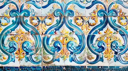Colorful ceramic wall tiles in a fragment of a building wall. Abstract decorative background with an ornate pattern for design or backdrop. Traditional ornate Portuguese architecture.