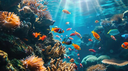 Bright and colorful coral reef underwater scene with diverse tropical fish swimming in clear blue ocean, showcasing vibrant marine life.