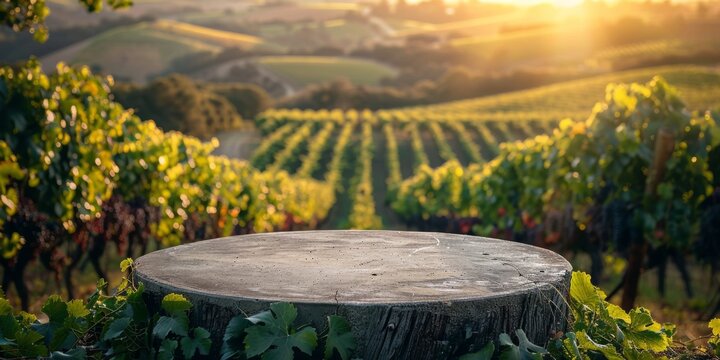 close up, small round empty podium in a lush vineyard, with rows of grapevines stretching out behind it and rolling hills in the distance