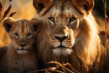 Fototapeta premium The Lions Family is in the grass, generative IA