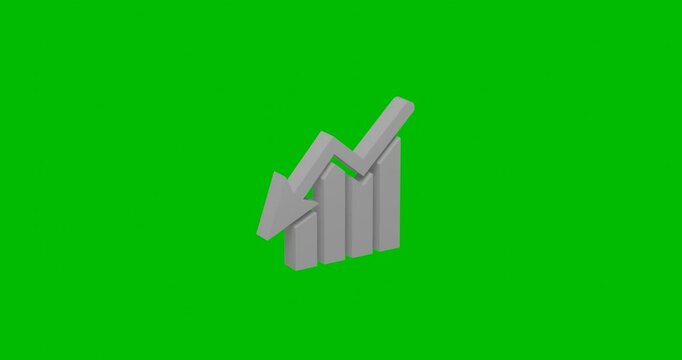 Animation of rotation of a white chart down symbol with shadow. Simple and complex rotation. Seamless looped 4k animation on green chroma key background
