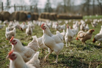 Fototapeta premium Close-up view. Large group of free range organic chickens scratching for food on a farm
