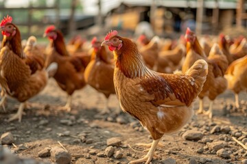 Close-up view. Large group of free range organic chickens scratching for food on a farm