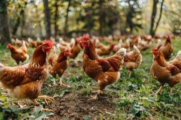 Close-up view. Large group of free range organic chickens scratching for food on a farm