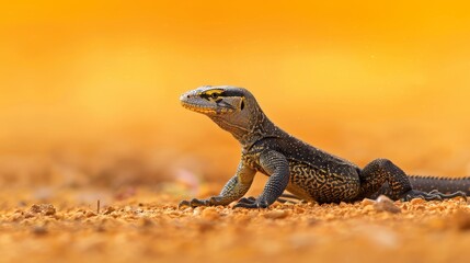 Fototapeta premium A tight shot of a tiny lizard on the ground Background subtly blurred Yellow sky overhead