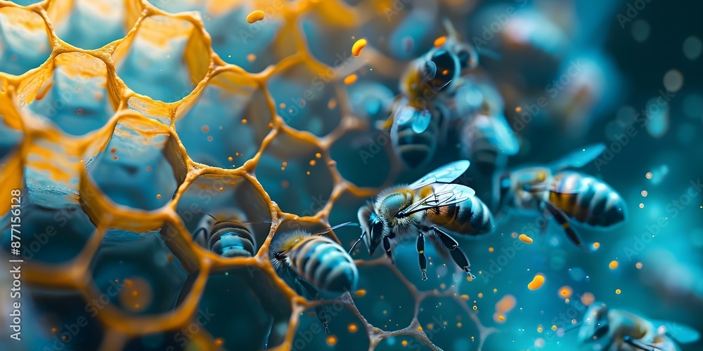 Poster artistic neural network rendering of bee honeycombs and nectar collection in cells. concept artistic