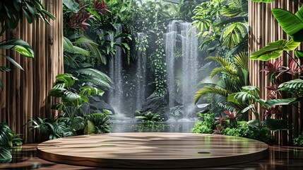 Serene Tropical Jungle with Wooden Platform and Waterfall in the Background