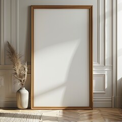 detail of thin chalked oak mock-up frame with blank artwork in landscape orientation on the wall in contemporary room during summer, mock-up frame