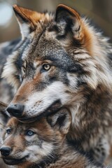 Obraz premium Two wolves stand side by side atop a verdant forest, teeming with numerous trees