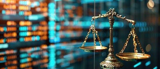 Ornate scales of justice with glowing blue and orange background
