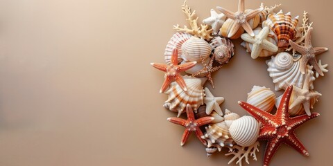Obraz premium Coastal Seashell and Starfish Wreath against a sandy beige background 