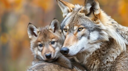  Two wolves stand side by side atop a verdant field, dotted with trees in the background