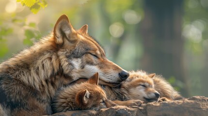 Naklejka premium A mother wolf cradles her two puppies in the shade of a leafy tree, nestled within a dense forest