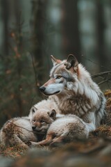 Naklejka premium Two adults and one baby wolf rest in the grass, surrounded by a backdrop of trees and a wooded area