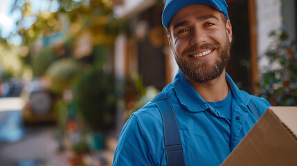 Fototapeta premium Close-up shot: young man in blue overalls and hat smiles, holding a cardboard box in a modern lobby.
