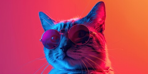 A cat relaxing with trendy shades on a colorful backdrop