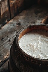 A wooden barrel filled with milk placed on a wooden table, perfect for a rustic or farmhouse-themed setting