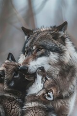 Fototapeta premium A pack of wolves frolics together in the snow before a leafless tree