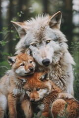 Obraz premium A group of foxes huddles in a grassy clearing surrounded by trees, with a forest stretching beyond