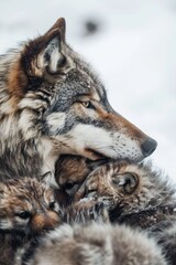 Obraz premium A pair of wolves resting together atop a snow-covered ground