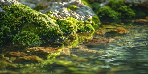 Close-up of moss growing on rocks in a calm body of water, suitable for backgrounds or nature-inspired designs