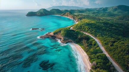 Aerial view of a winding coastline with white sand beaches