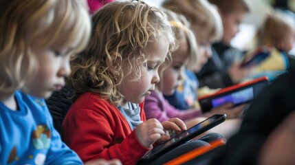 Engaged Kids Learning: Children Having Fun Playing Educational Games on Tablets