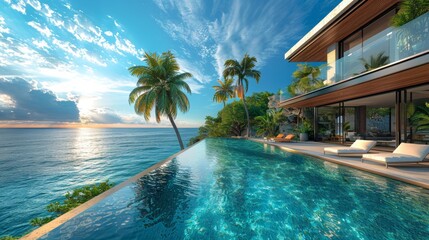 Obraz premium Luxury beachfront villa with private pool and ocean view