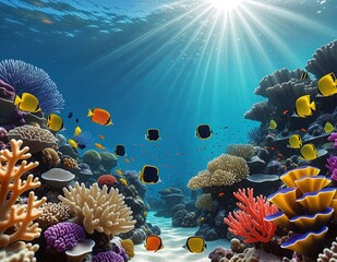 A stunning underwater scene featuring a diverse array of colorful coral and tropical fish. Sunlight penetrates the water, creating a radiant glow across the vibrant reef. The scene captures the beauty