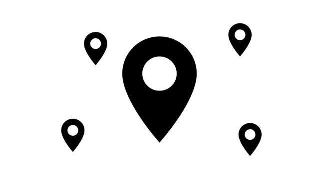 Zoom in and out animation the location symbol. Large black symbol in the center and four small symbols around. Seamless looped 4k animation on white background