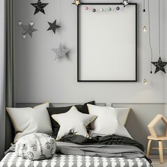 kids modern bedroom, bed, mock-up picture frame on wall, space theme, black and grey style