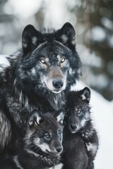  A pack of wolves in the snow One wolf gazes at the camera, while another does the same
