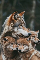 Obraz premium A group of wolves stands before the forest, their forms silhouetted against a backdrop of dense trees