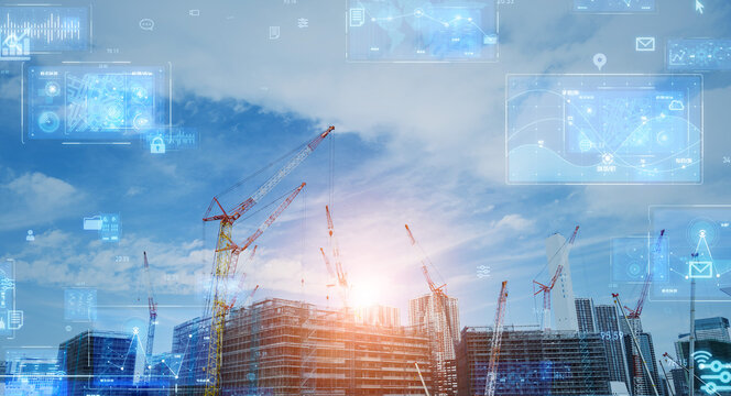 Construction site and digital technology concept. Wide angle visual for banners or advertisements.
