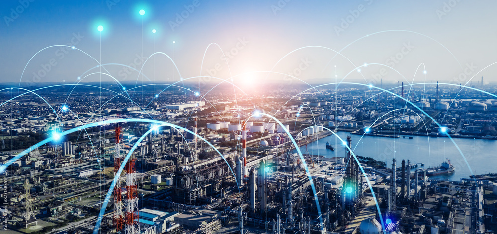 Aufkleber modern factory and communication network concept. industrial internet of things. iiot. wide angle vi