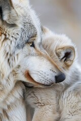  A tight shot of two white wolves, noses almost touching, their eyes peacefully closed