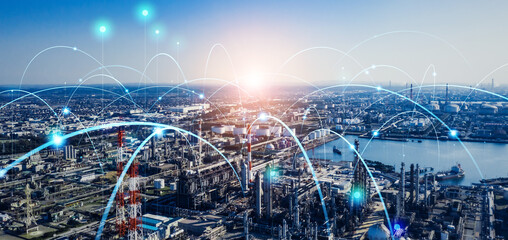 Modern factory and communication network concept. Industrial Internet of Things. IIoT. Wide angle visual for banners or advertisements.