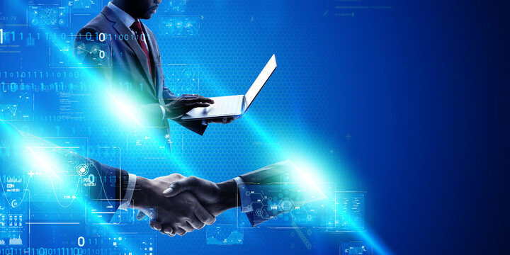 Business and digital technology concept. Wide angle visual for banners or advertisements.