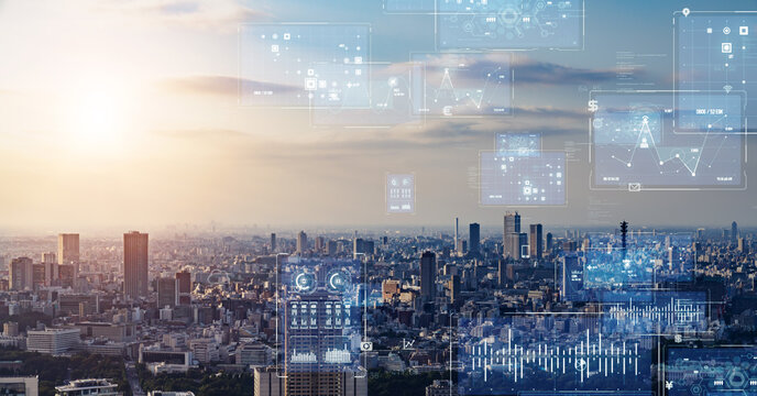 Modern city and digital technology concept. Wide angle visual for banners or advertisements.